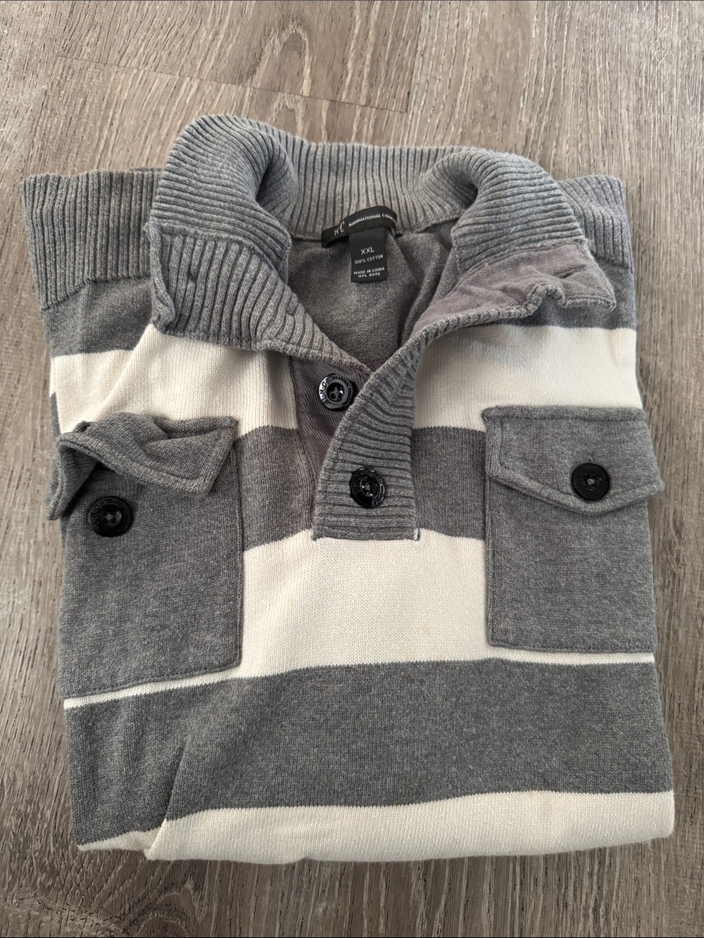 Inc Men's Gray & Cream Striped Button-Up Collar Sweater